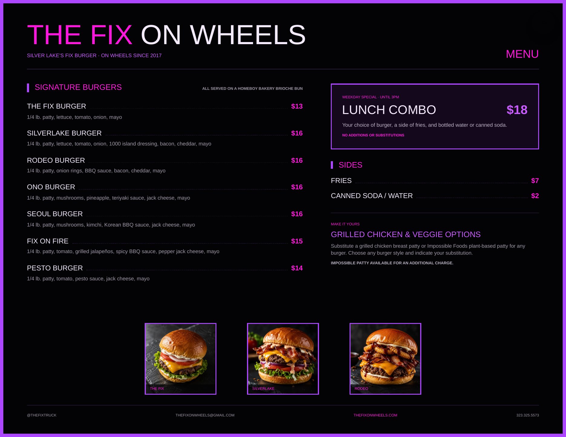 The Fix on Wheels printed menu with signature burger prices, weekday lunch combo, sides, and substitution options
