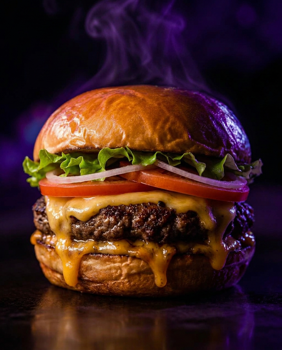 Double smash cheeseburger with melted cheddar under purple neon light